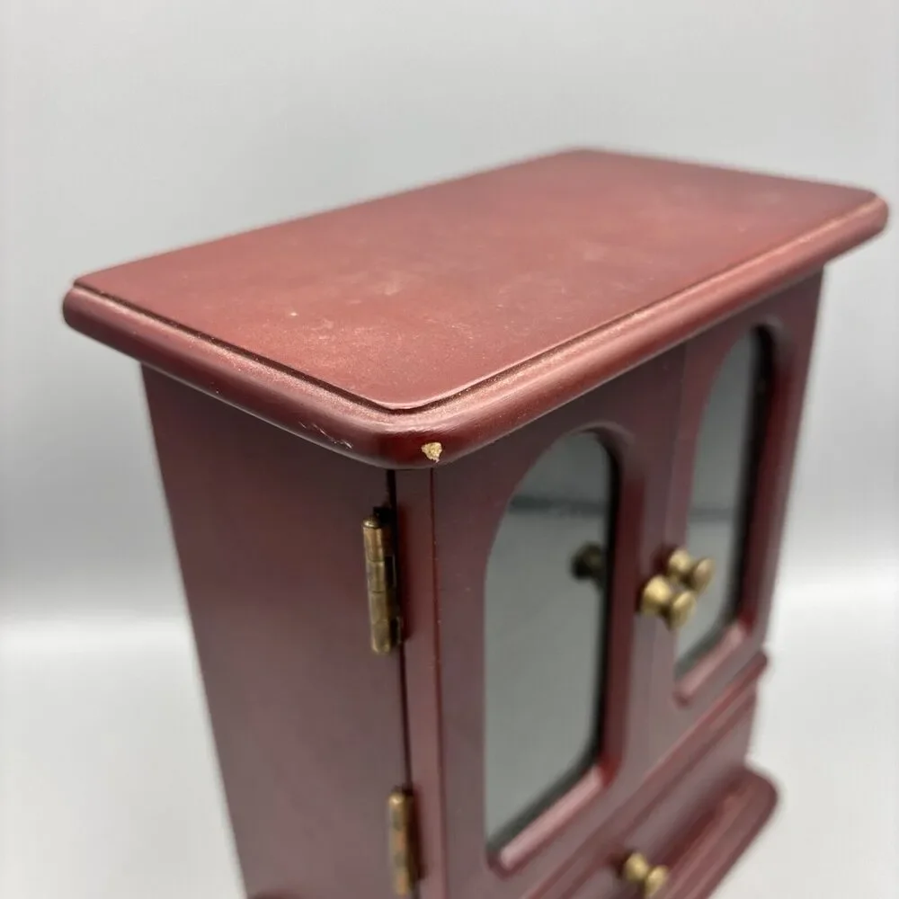Vintage Wooden Jewelry Cabinet With Glass-like Doors & Drawer